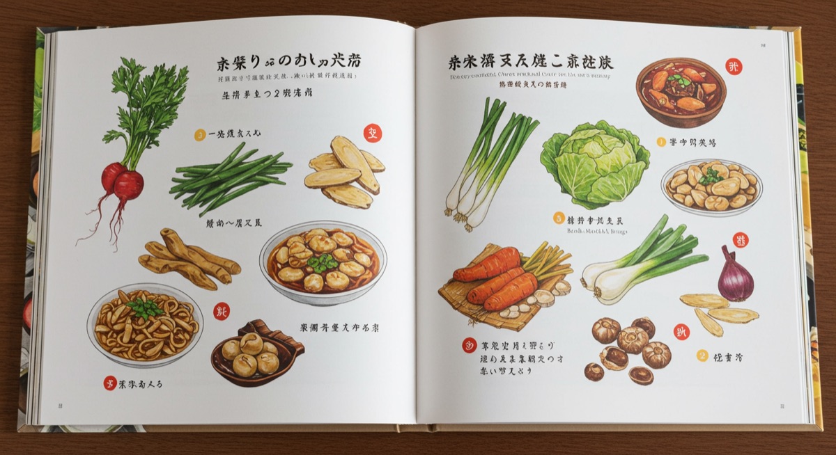 薬膳の本が開かれたページ。カラフルなイラストと分かりやすい解説が見える様子