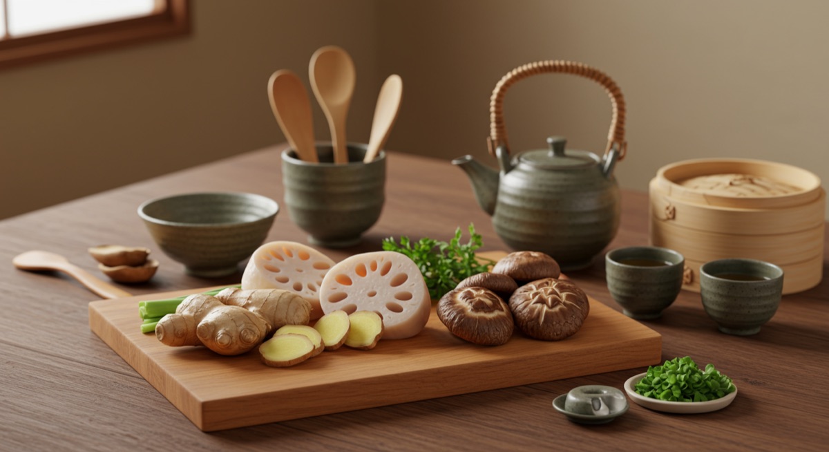 薬膳の食材と調理器具が並んだキッチンの様子