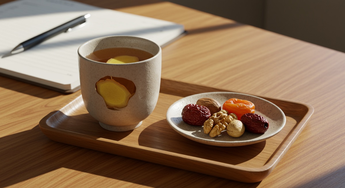 A simple yakuzen tea and a small snack