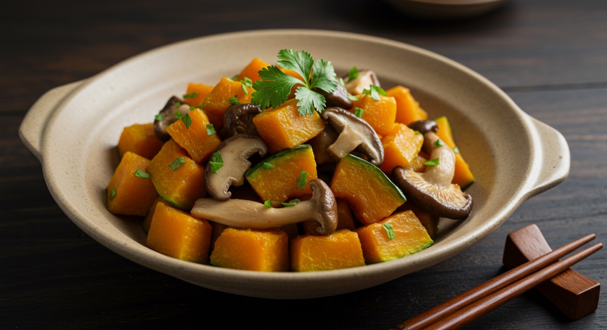 A yakuzen stir-fry of mushrooms and pumpkin