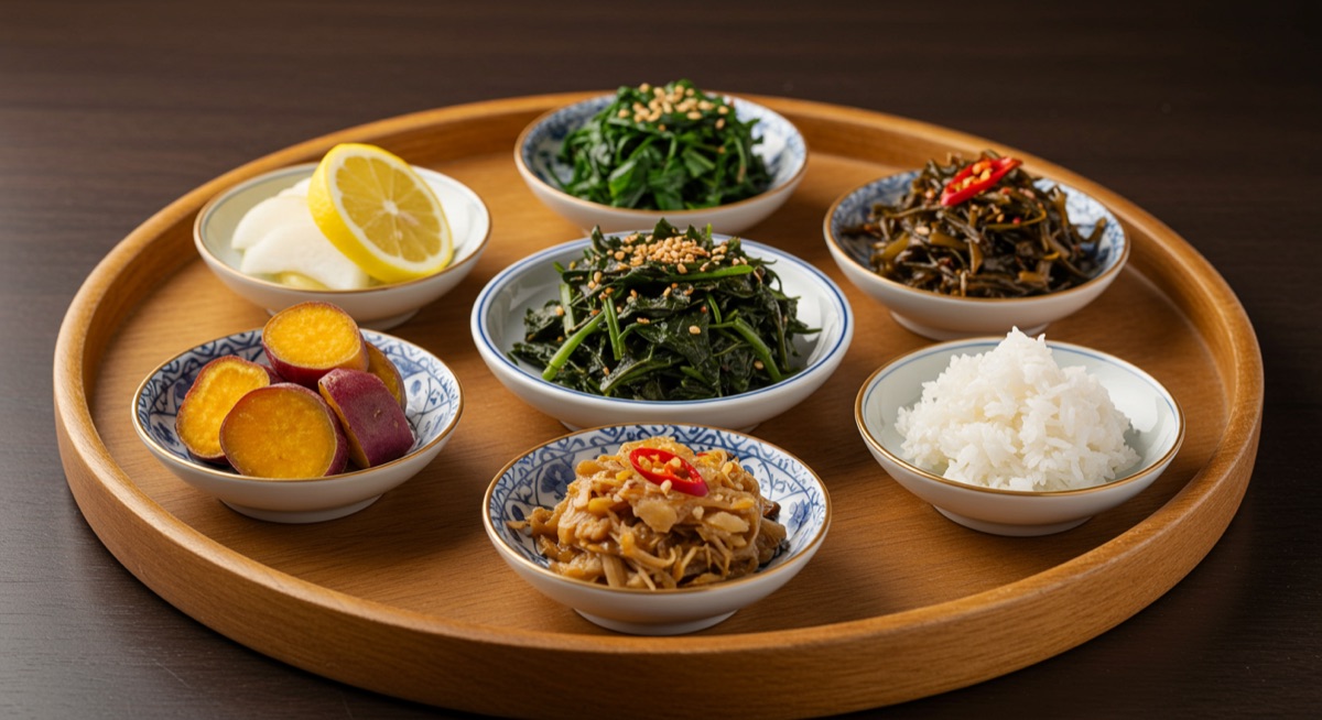 Yakuzen dishes arranged to show the five flavours