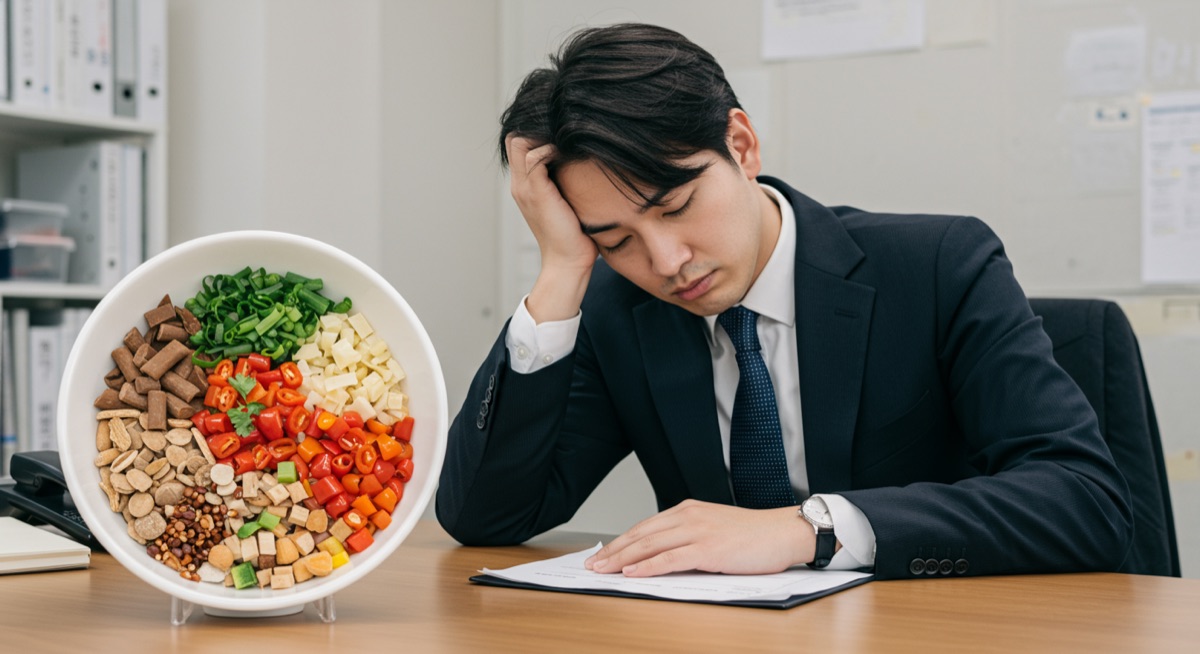 A tired man in a busy office, with a yakuzen dish beside him