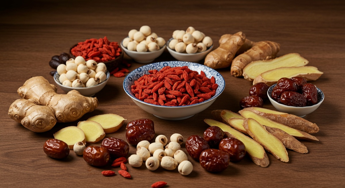 A table laid with yakuzen ingredients