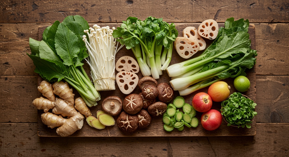 Seasonal vegetables and yakuzen ingredients laid out