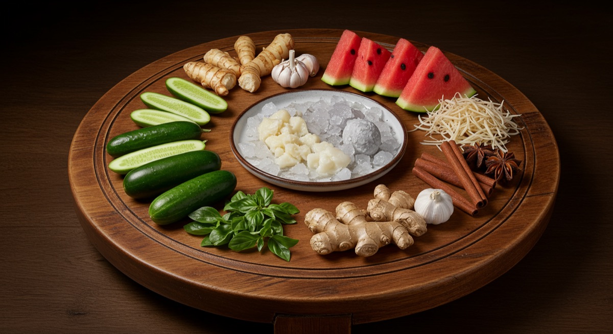 Yakuzen ingredients arranged to show the balance of yin and yang