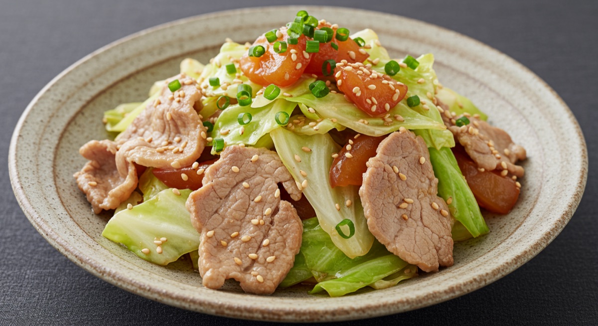 Pork and cabbage stir-fried with umeboshi, miso and mayonnaise