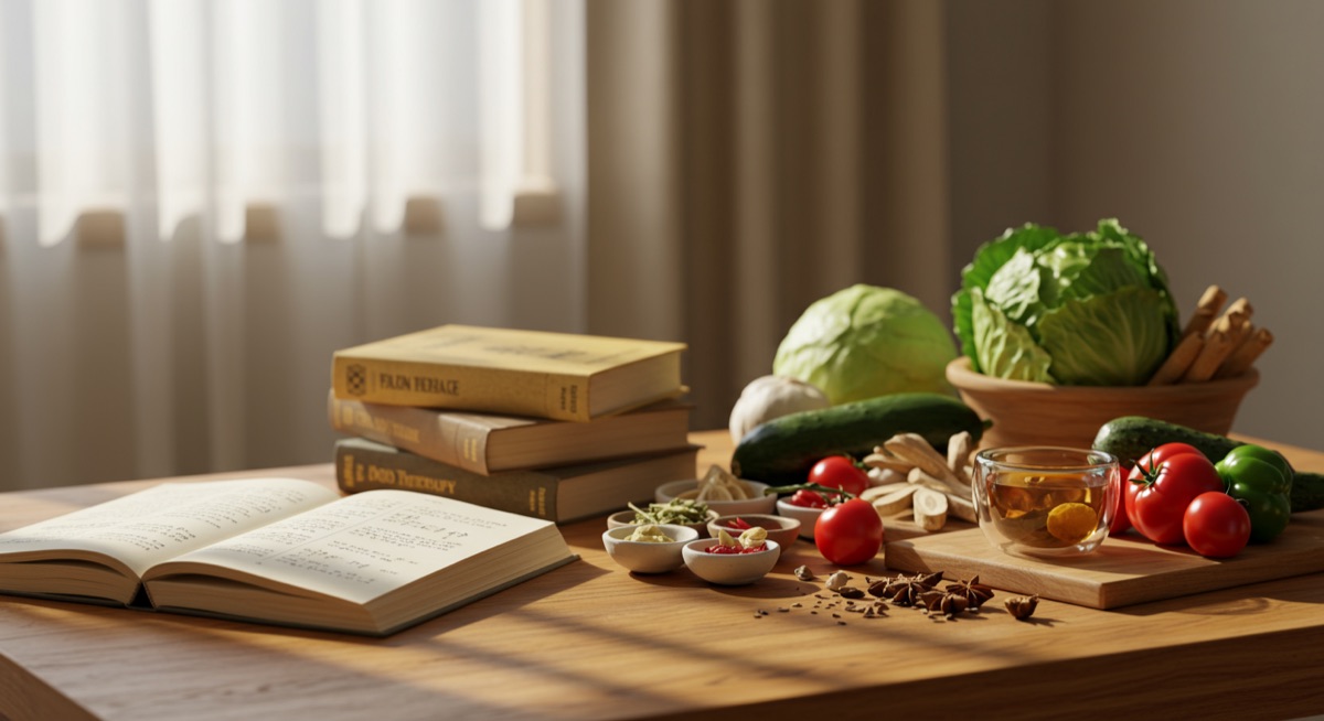 Ingredients and books laid out, for meeting yakuzen