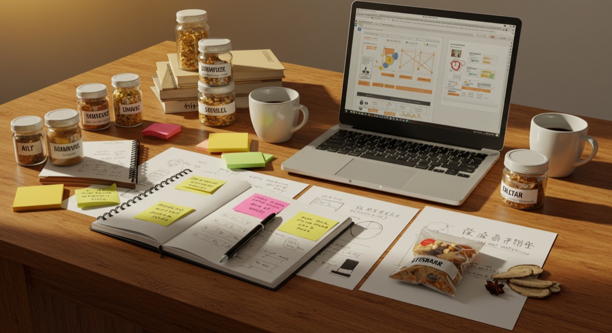 A desk and a business plan, preparing to start a yakuzen business