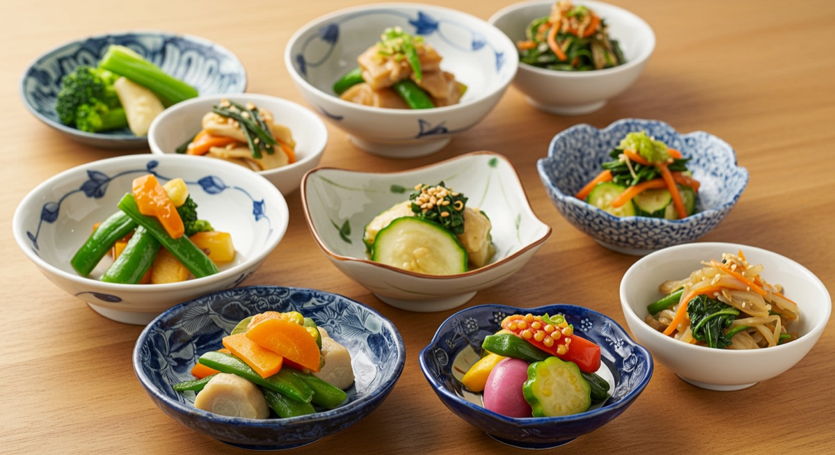 A spread of yakuzen dishes in many colours