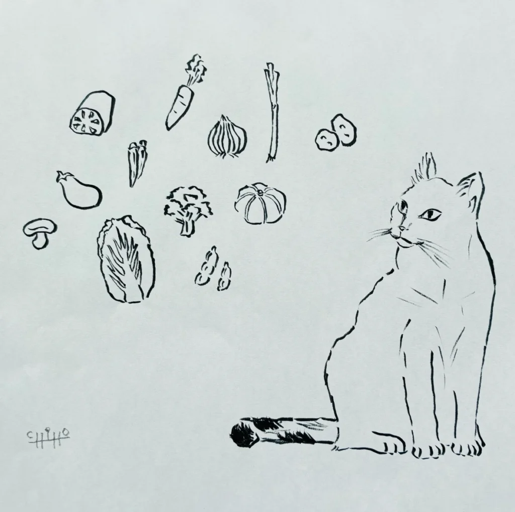 三瓶千穂が描いた、野菜と猫のイラスト