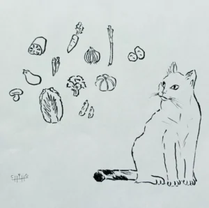 三瓶千穂が描いた、野菜と猫のイラスト