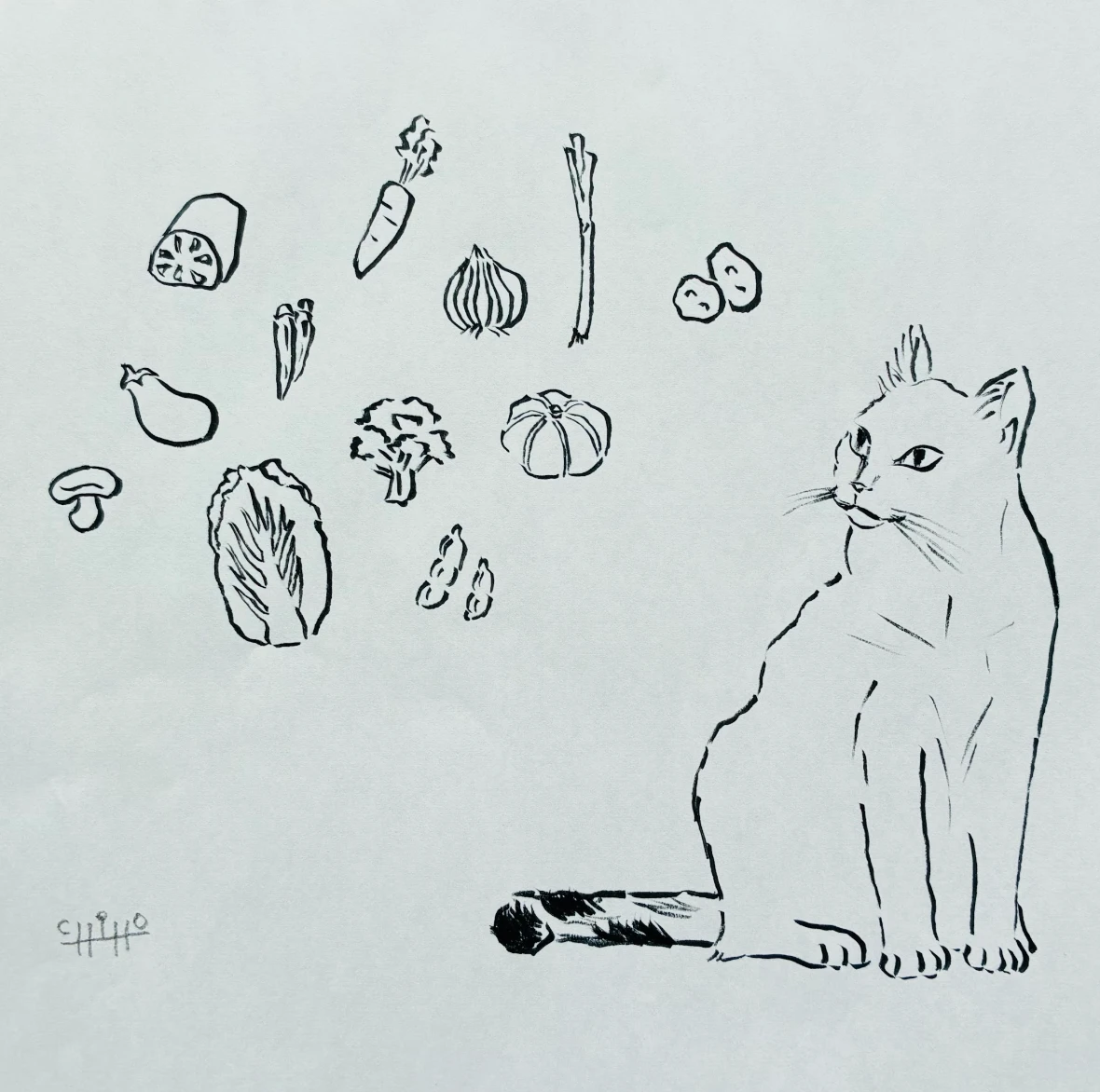 三瓶千穂が描いた、野菜と猫のイラスト